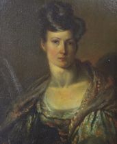 19th century English School, oil on panel, Head and shoulders portrait of a lady, 26 x 22cm