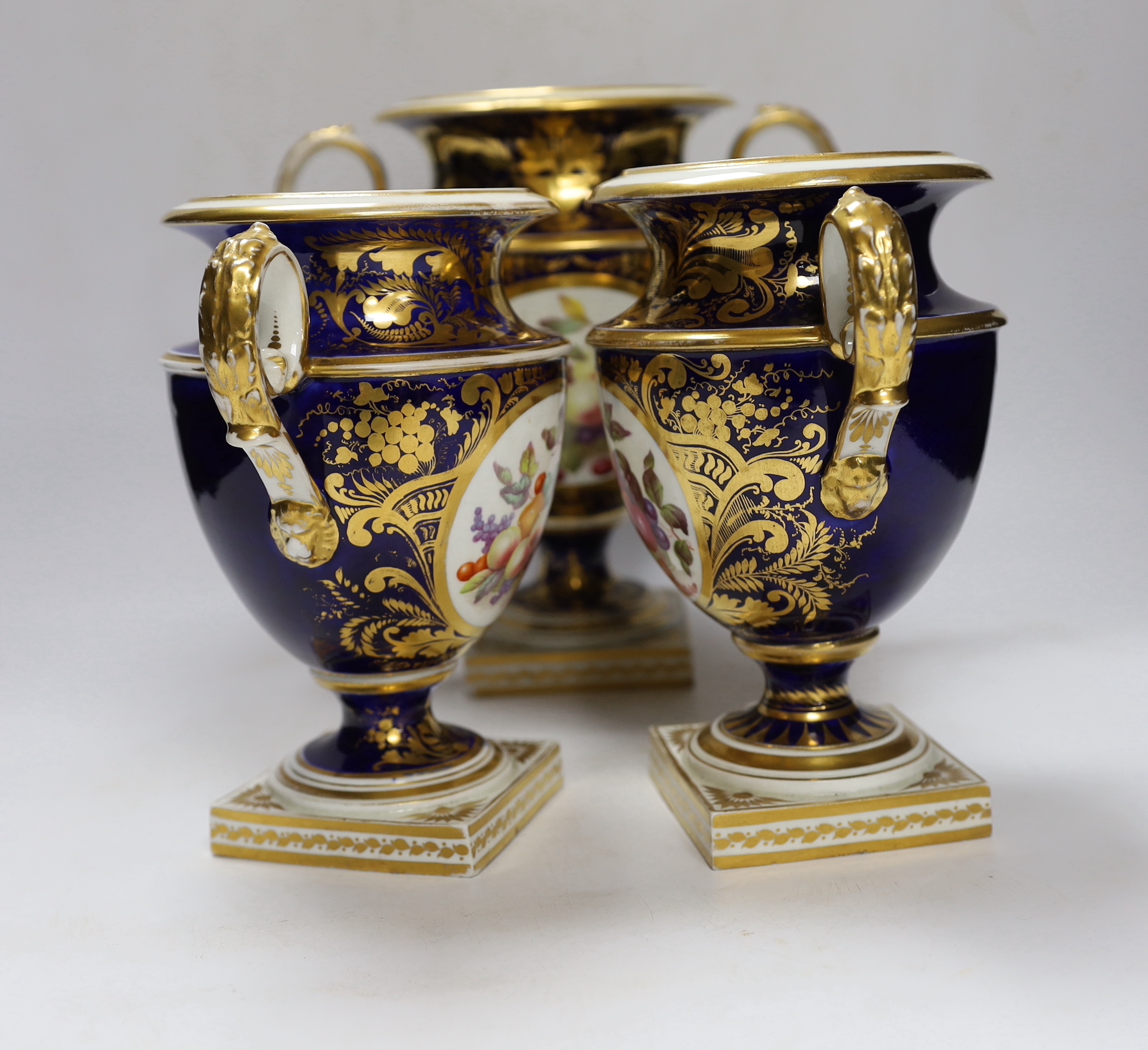 A garniture of three early 19th century Derby vases painted with fruit, tallest 23cm - Image 2 of 9