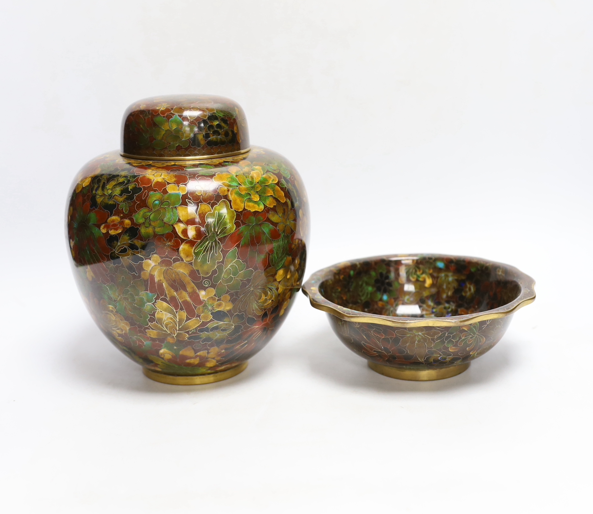 A Chinese cloisonné enamel lidded ginger jar and a bowl, tallest 20cm