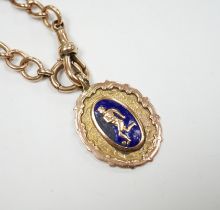 A 9ct gold albert, 38cm, hung with a 9ct gold and enamel football related medal engraved 'L .&. D