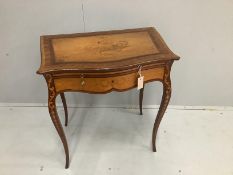 A reproduction marquetry inlaid satinwood and kingwood serpentine enclosed wash stand, width 66cm,