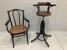 An early 20th century Fischer bentwood bar stool and a Thonet elbow chair (2)