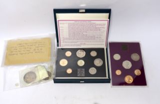 A National Service medal, various Royal Mint proof or BU coin sets etc.