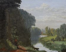 19th century Continental School, oil on board, River landscape, ornate gilt frame, 21 x 28cm