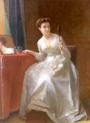 Florent Williams (Belgian, 1823-1905), oil on panel, Lady seated at a dressing table, signed, 32 x