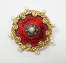 A 1960's 18ct gold, seed pearl, enamel and rose cut diamond set circular brooch, 35mm, gross