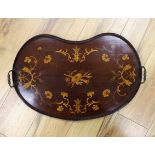 A 19th century mahogany and marquetry kidney shaped tray, 59cm