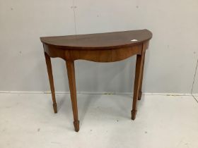 A George III inlaid mahogany demi-lune side table, converted from a card table, width 91cm, depth