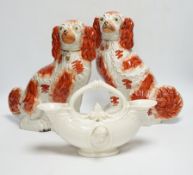 A Royal Worcester classical revival glazed Parian vase and two Staffordshire dogs, 30cm