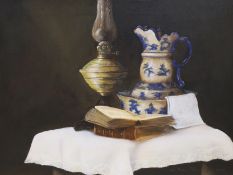 John Michael Parker, oil on canvas, 'The bedroom table', signed and dated 06.02, details verso, 30 x