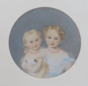 Victorian School, pastel, Two young children wearing coral necklaces, tondo, 28cm