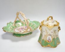A Dresden jar and cover and a Victorian porcelain basket, tallest 18cm