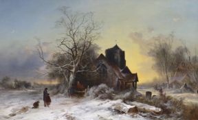 G. Williams, oil on canvas, Winter landscape with figures before a church, ink inscription verso,