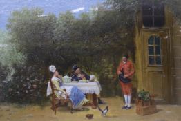 Continental School c.1900 (probably French), oil overpainting print on panel, Three figures in a