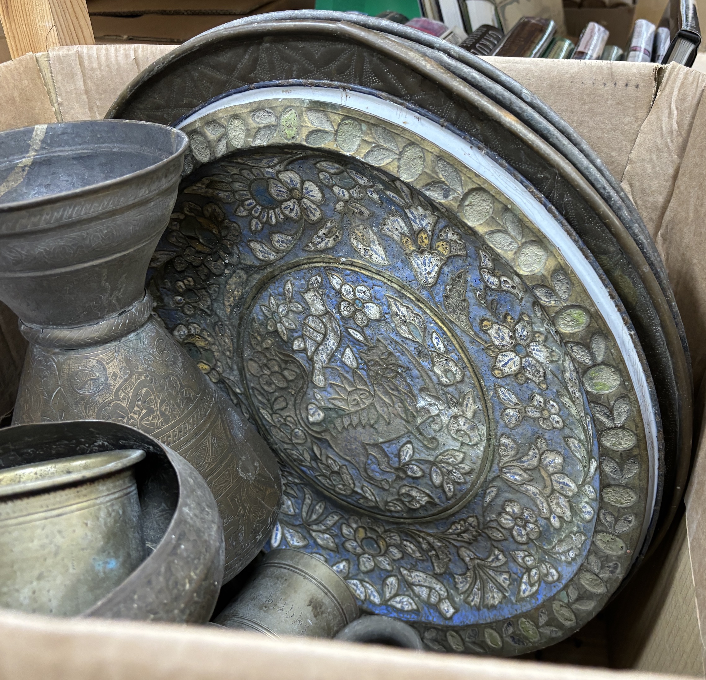 A collection of Indian metalware, including pots and measures, five trays, two vases, etc. tallest - Image 3 of 4