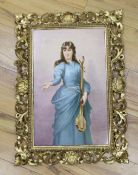 A large Vienna style porcelain plaque of a lady musician, indistinctly signed, gilt Florentine