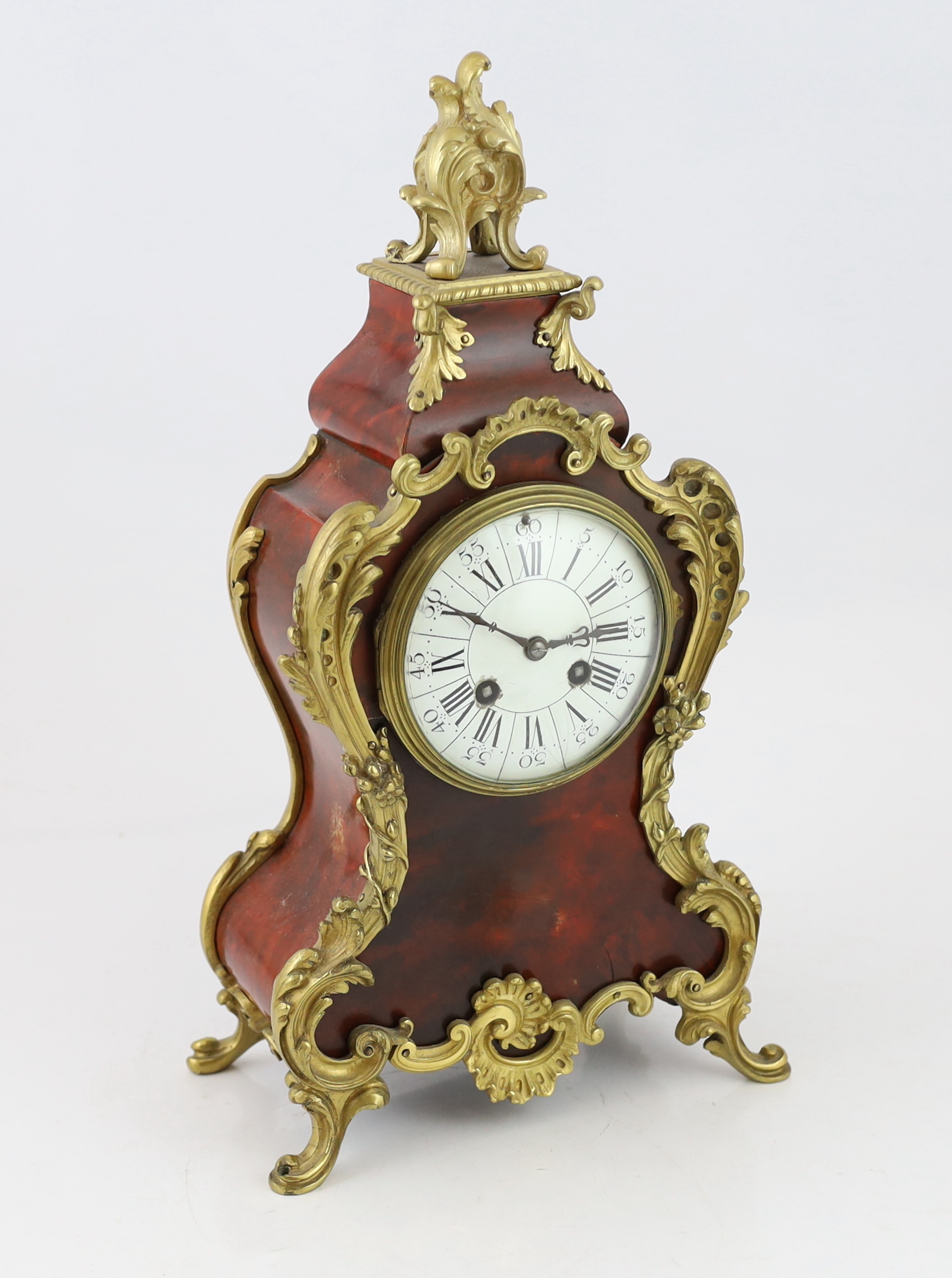 An early 20th century French ormolu mounted red tortoiseshell eight day mantel clock, of Louis XVI - Image 2 of 5