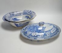 A 19th century Abbotsford pattern blue and white tureen and cover, various dishes and a collection