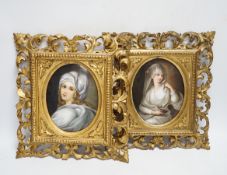 Two 19th century Continental porcelain oval plaques, in similar gilt Florentine frames