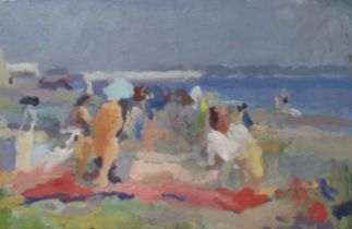 John Harvey (b.1935), oil on canvas, Figures on the beach, artist stamp verso, 30 x 46cm, unframed