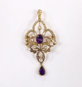 A late Victorian 15ct, amethyst and seed pearl cluster set drop pendant brooch, 55mm, gross weight