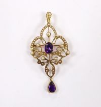 A late Victorian 15ct, amethyst and seed pearl cluster set drop pendant brooch, 55mm, gross weight