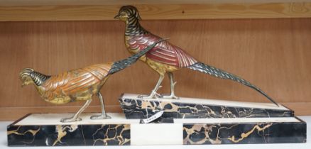 An Art Deco patinated bronze model of two pheasants on marble base, stamped ‘bronze’ and signed ‘