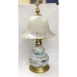An Italian maiolica table lamp with moulded glass shade, 74cm