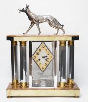 A French chrome, bronze and marble Art Deco 4 glass clock with two pedestal vase garnitures and a