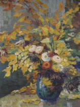 Hungarian School (c.1930), impasto oil on canvas, Still life of a vase of flowers, indistinctly