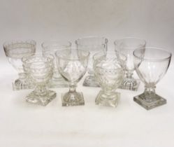 Three late 19th early 20th century square base wine glasses, three similar etched glasses and