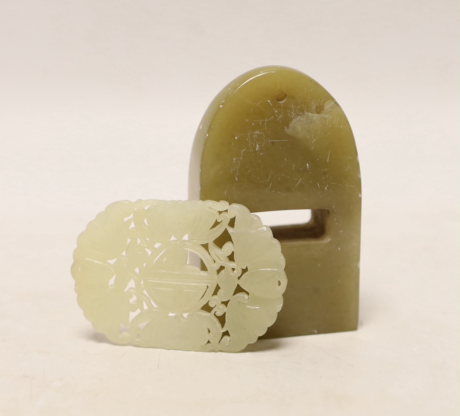 A Chinese jade plaque and a Chinese soapstone seal, 8.5cm