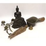 A Thai composite Buddha, an African carved wood female figure, an iron, a small bronze Buddha,