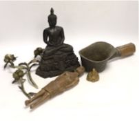 A Thai composite Buddha, an African carved wood female figure, an iron, a small bronze Buddha,
