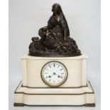 A late 19th century French figural bronze mounted white marble mantel clock, 42cm