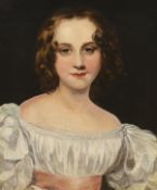 20th century English School, oil on canvas, Portrait of a young girl wearing Victorian dress, 50 x