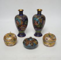 A pair of Chinese cloisonné enamel vases, similar Meiji period Japanese pot and cover and a pair