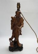 A Chinese carved wood figural table lamp, 43cm total