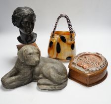 An early 20th century Italian signed bust of a lady, a studio glass basket, model of a dog and a