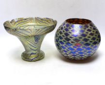 A Kosta Boda iridescent glass vase and a Loetz style trumpet vase, trumpet vase 15cm high