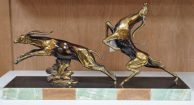 An Art Deco antelope group on marble base, signed, Limousin, 70cm