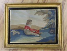 A Regency silk and woolwork picture of a boy sitting under a tree with a bird catcher, 55cm wide x