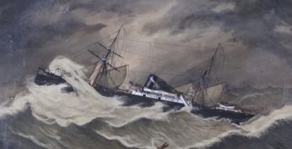A. Burroughs (19th.C), heightened watercolour, Steamship at sea, signed and dated 1881, 29 x 56cm