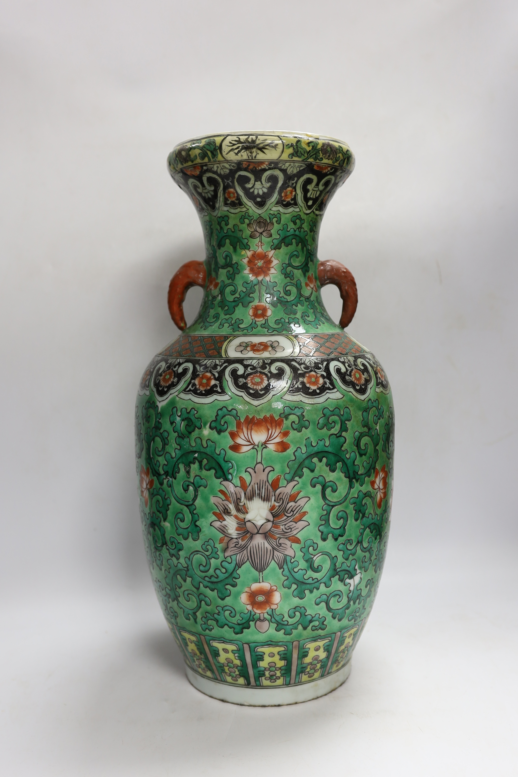A Chinese green ground enamelled porcelain vase, Kangxi mark but late 19th century, 45cm - Image 3 of 5
