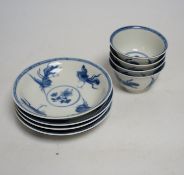 A set of four Chinese blue and white teabowls and saucers