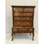 A George III mahogany banded oak chest on stand, width 97cm, depth 51cm, height 152cm