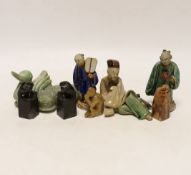 Three Chinese seals, three hard stone carvings and three pottery glazed figures, tallest figure