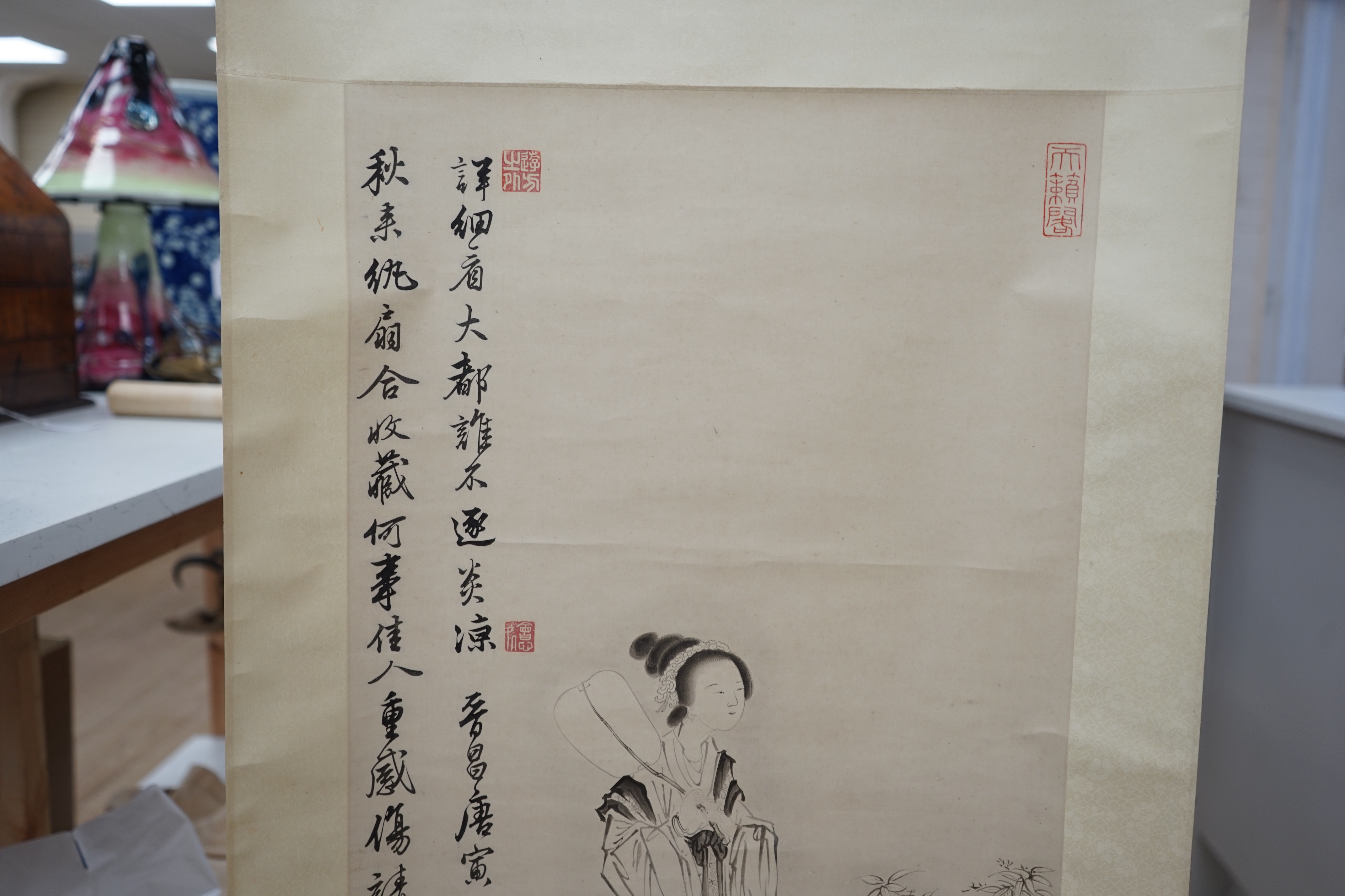 Two Chinese painted scrolls, one on silk, a female wearing a kimono and a landscape - Image 11 of 12