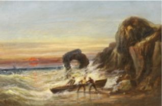 F.H. Watt, oil on canvas, Fisherman on the shore, signed, 20 x 30cm, unframed