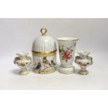 A pair of Meissen flower encrusted vases, a Rosenthal 'birdcage' jar and cover and a Rosenthal vase,